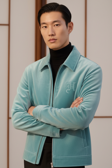 Embroidered Turquoise Velvet Jacket With Signature Winter Jackets Humayun Alamgir