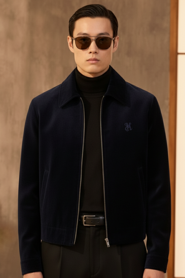 Embroidered Navy Blue Velvet Jacket With Signature Winter Jackets Humayun Alamgir