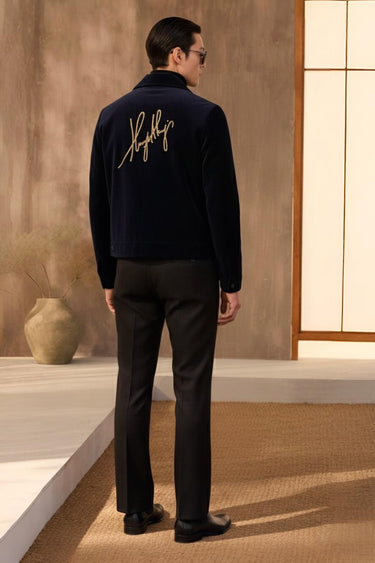Embroidered Navy Blue Velvet Jacket With Signature Winter Jackets Humayun Alamgir