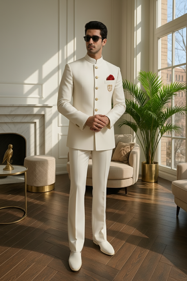 WHITE PRINCE SUIT WITH GOLDEN MOTIVE prince suits Humayun Alamgir