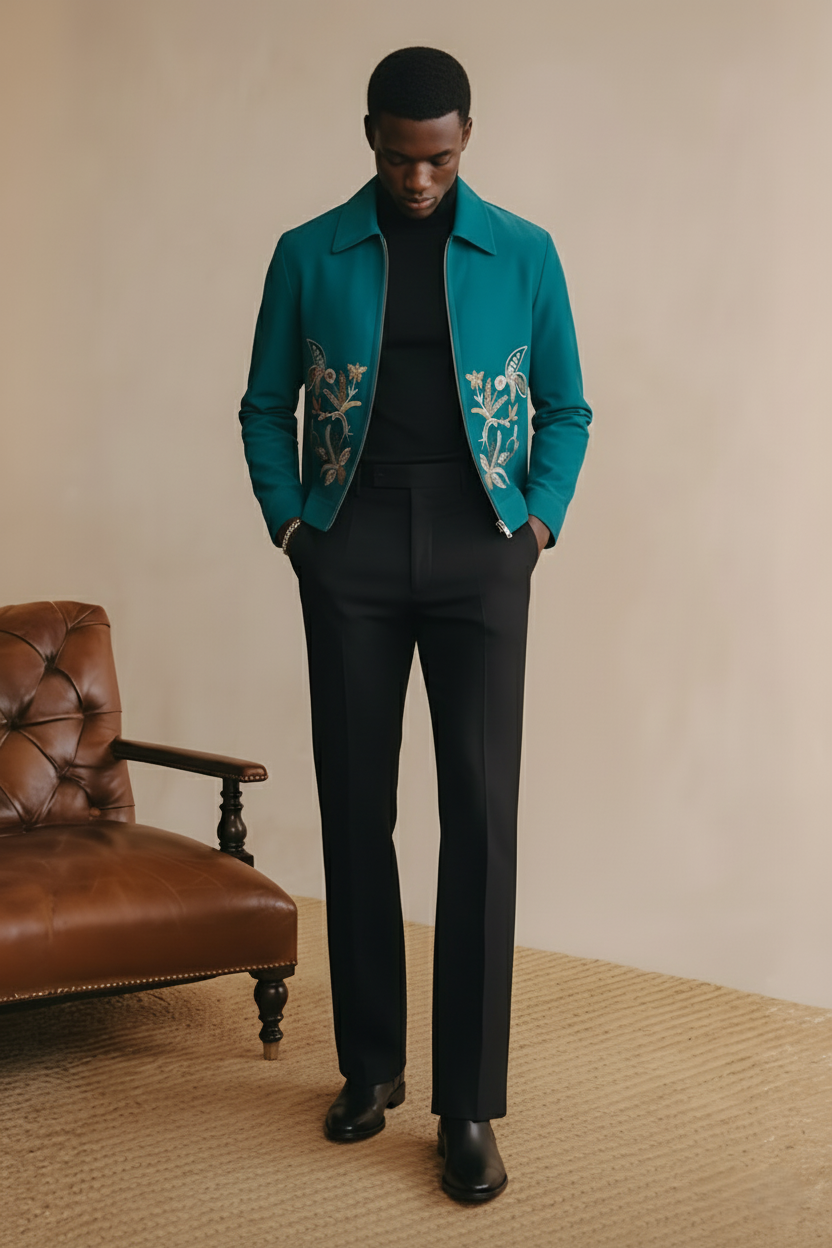 Embroidered Turqoise Velvet Zipper Jacket Winter Jackets Humayun Alamgir