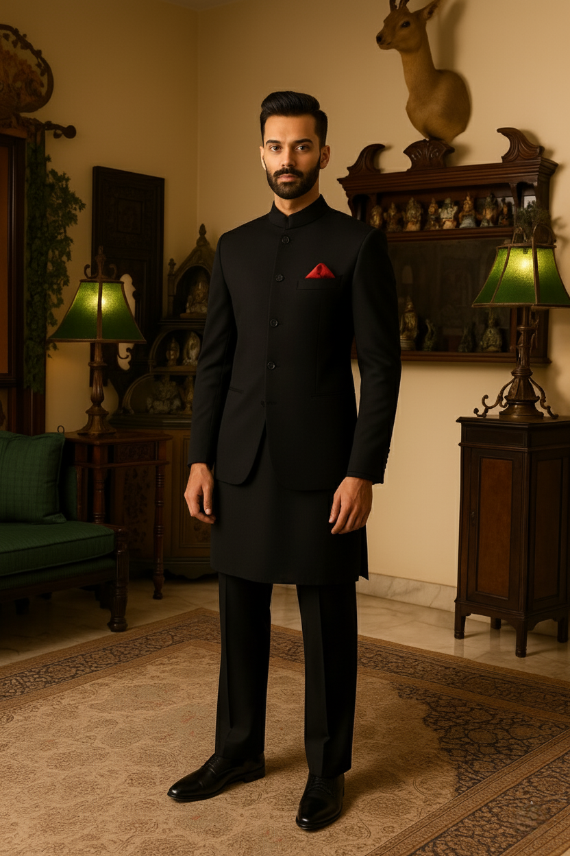 BLACK PLAIN PRINCE COAT Prince Coats Humayun Alamgir