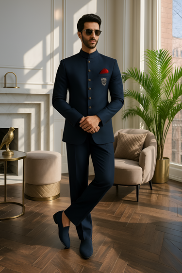 BLUE PRINCE SUIT WITH GOLDEN MOTIVE prince suits Humayunalamgir