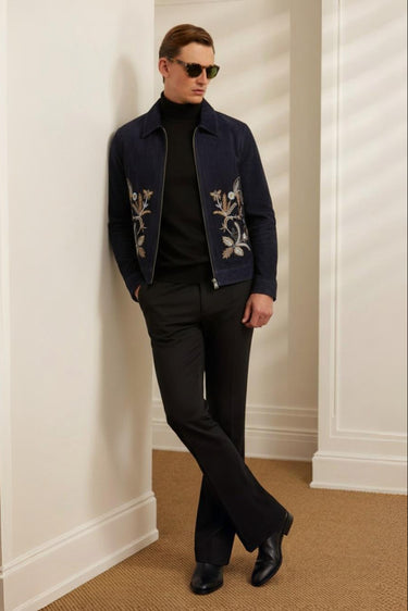 Embroidered Navy Blue Velvet Zipper Jacket Winter Jackets Humayun Alamgir