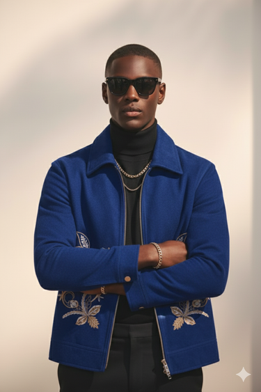 Embroidered Azure Blue Velvet Zipper Jacket Winter Jackets Humayun Alamgir