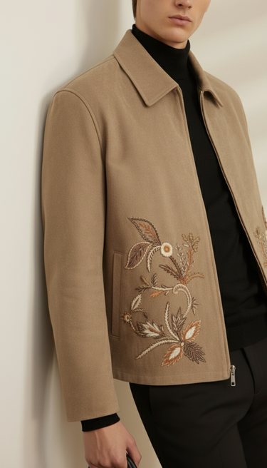 Embroidered Beige Velvet Zipper Jacket Winter Jackets Humayun Alamgir