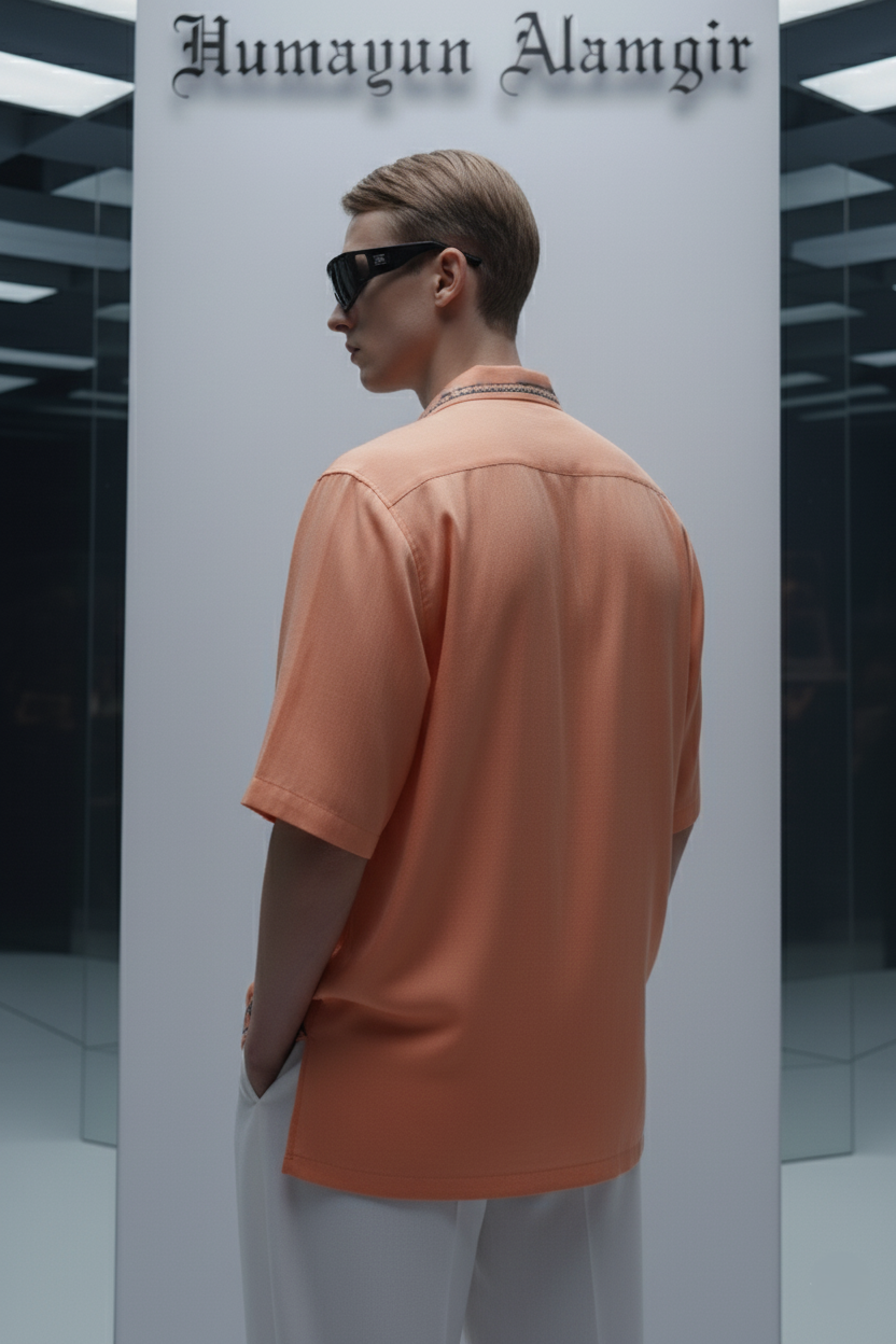 Peach Floral Embroidered Shirt Humayunalamgir