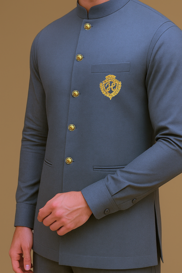 GRAYISH-BLUE WAISTCOAT WITH KURTA/PAJAMA - COTTON SILK Waist Coats Humayun Alamgir