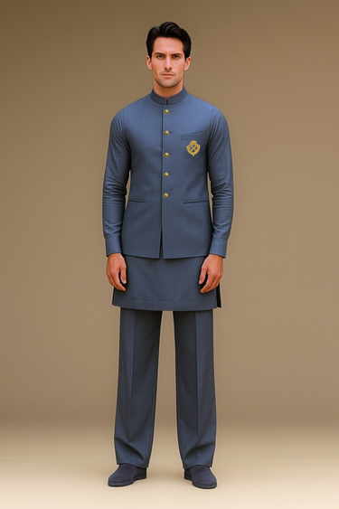 GRAYISH-BLUE COTTON SILK WAISTCOAT WITH KURTA/PAJAMA Waist Coats Humayun Alamgir