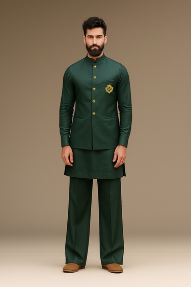 DARK GREEN COTTON SILK WAISTCOAT WITH KURTA/PAJAMA Waist Coats Humayun Alamgir
