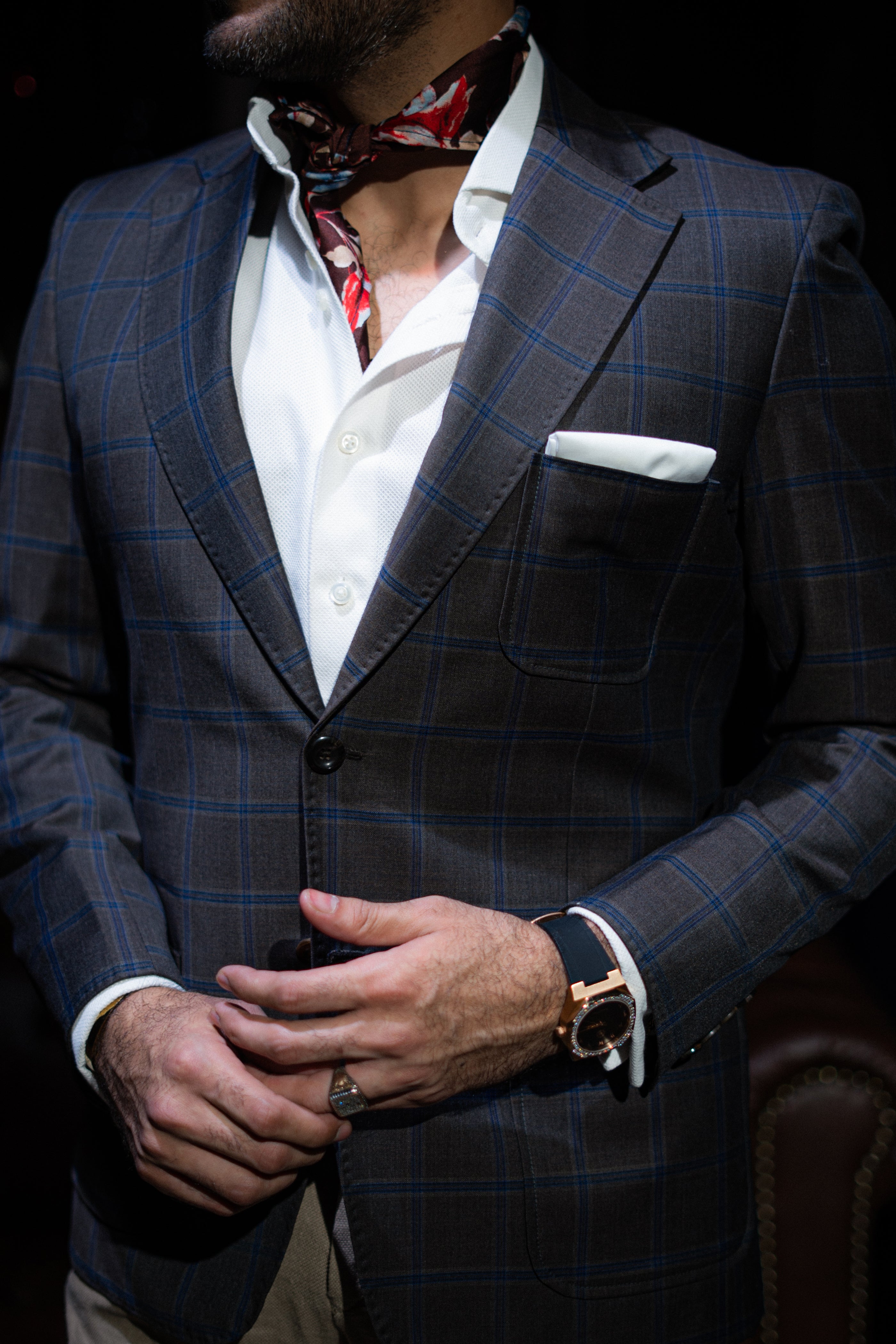 Grey blue lines checkered blazer Humayunalamgir