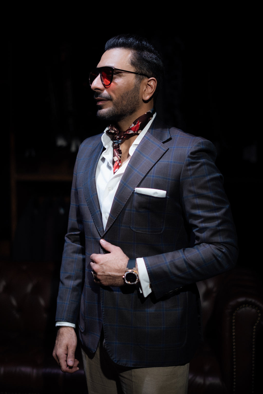Grey blue lines checkered blazer Humayunalamgir