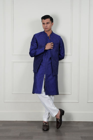 ROYAL BLUE JAMAWAR CUTDANA WAIST COAT Mehndi Collection HumayunAlamgir