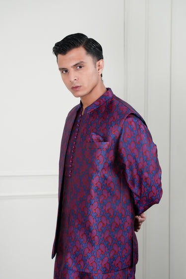 MAROON & BLUE SELF JAMAWAR WAIST COAT