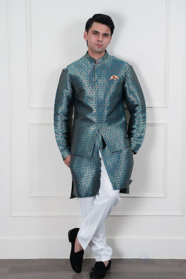 TEEL GREEN SELF JAMAWAR WAIST COAT Mehndi Collection HumayunAlamgir