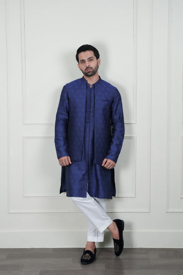 BLUE SELF JAMAWAR WAIST COAT Mehndi Collection HumayunAlamgir