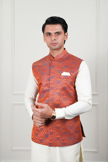 ORANGE SELF JAMAWAR WAIST COAT