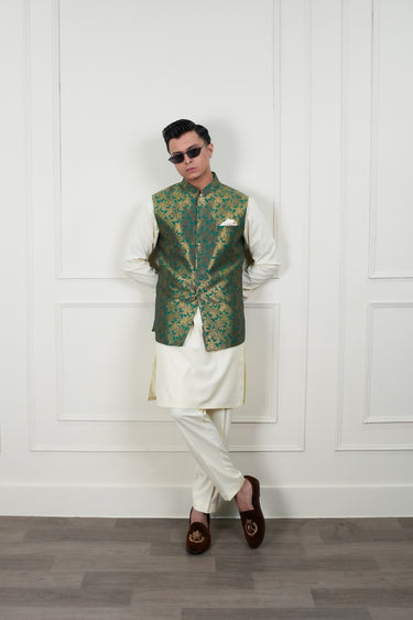 GREEN SELF ZARI JAMAWAR WAIST COAT Mehndi Collection HumayunAlamgir