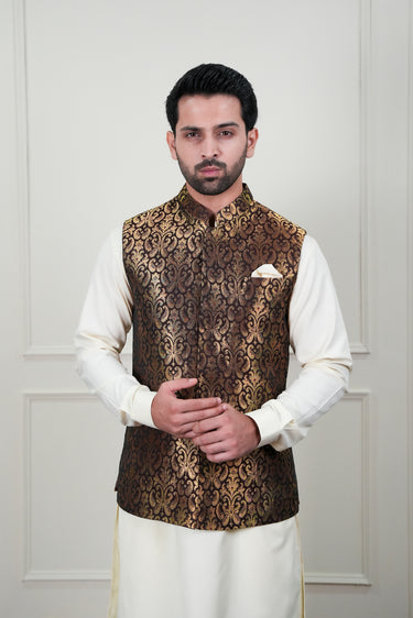 BROWN GOLDEN ZARI JAMAWAR WAIST COAT Mehndi Collection HumayunAlamgir