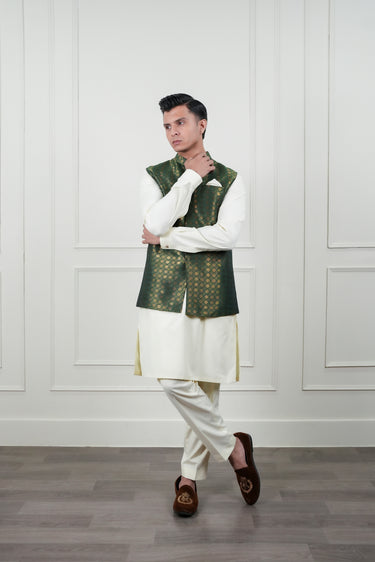 GREEN GOLDEN ZARI JAMAWAR WAIST COAT