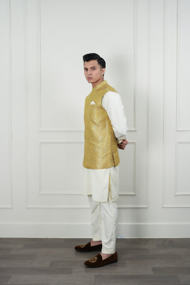 MUSTARD ZARI JAMAWAR WAIST COAT Mehndi Collection HumayunAlamgir