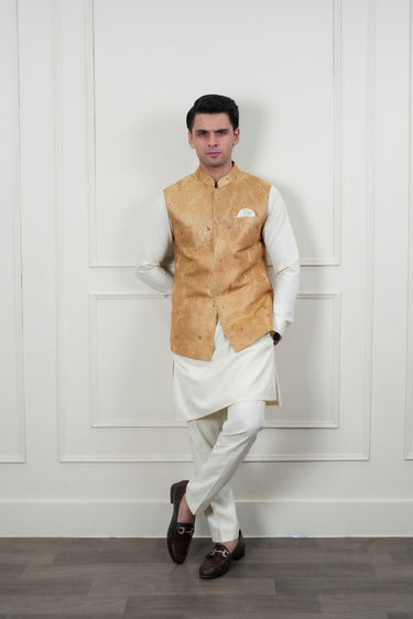 BEIGE ZARI JAMAWAR WAIST COAT Mehndi Collection HumayunAlamgir