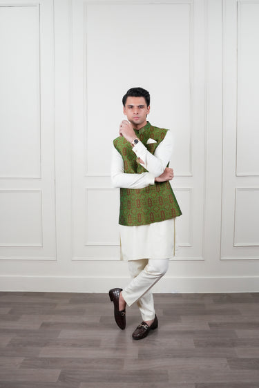 OLIVE GREEN SELF JAMAWAR WAIST COAT Mehndi Collection HumayunAlamgir