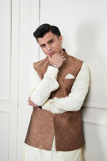 BROWN SELF JAMAWAR WAIST COAT Mehndi Collection HumayunAlamgir