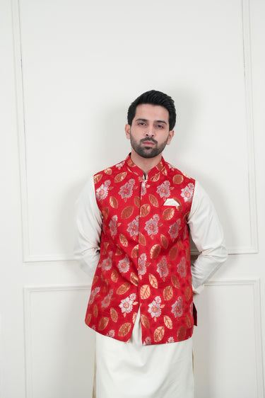 RED MULTI COLOUR JAMAWAR WAIST COAT Mehndi Collection HumayunAlamgir