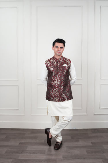 BROWN GOLDEN JAMAWAR WAIST COAT