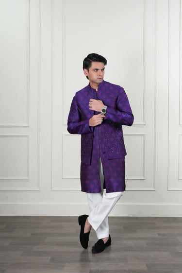 PURPLE SELF JAMAWAR HANDWORK CUTDANA WAIST COAT Mehndi Collection HumayunAlamgir
