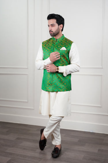 EMBELLISH GREEN SELF JAMAWAR WAIST COAT Mehndi Collection HumayunAlamgir