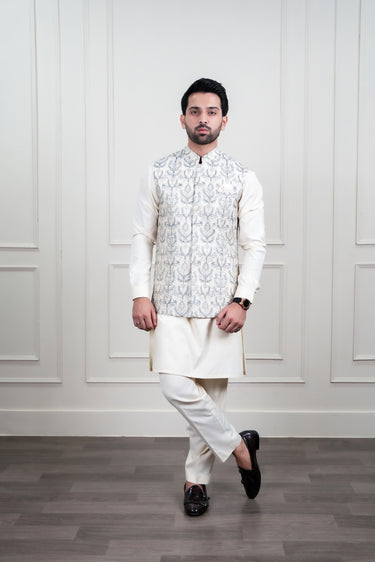 IVORY & LIGHT GREY EMBROIDERY WAIST COAT Mehndi Collection HumayunAlamgir