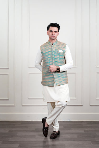 LIGHT BLUE BEIGE EMBROIDERD WAIST COAT Mehndi Collection HumayunAlamgir
