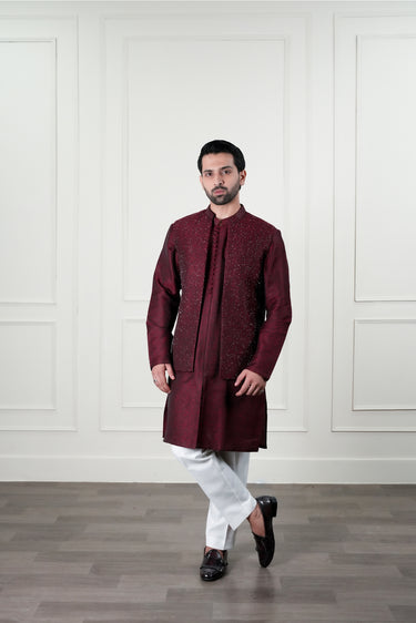 DARK MAROON JAMAWAR CUTDANA WAIST COAT