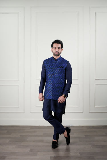 BLUE EMBOSSED SEQUENCE WAIST COAT Mehndi Collection HumayunAlamgir