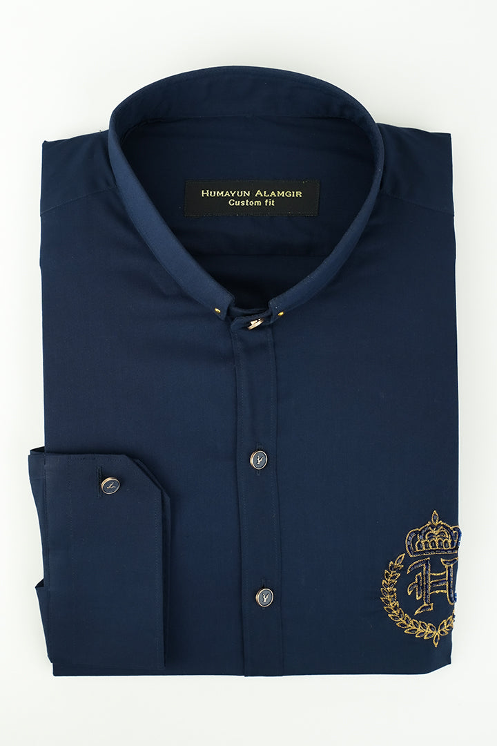 NAVY BLUE MOTIF SHIRT Semi Formal HumayunAlamgir
