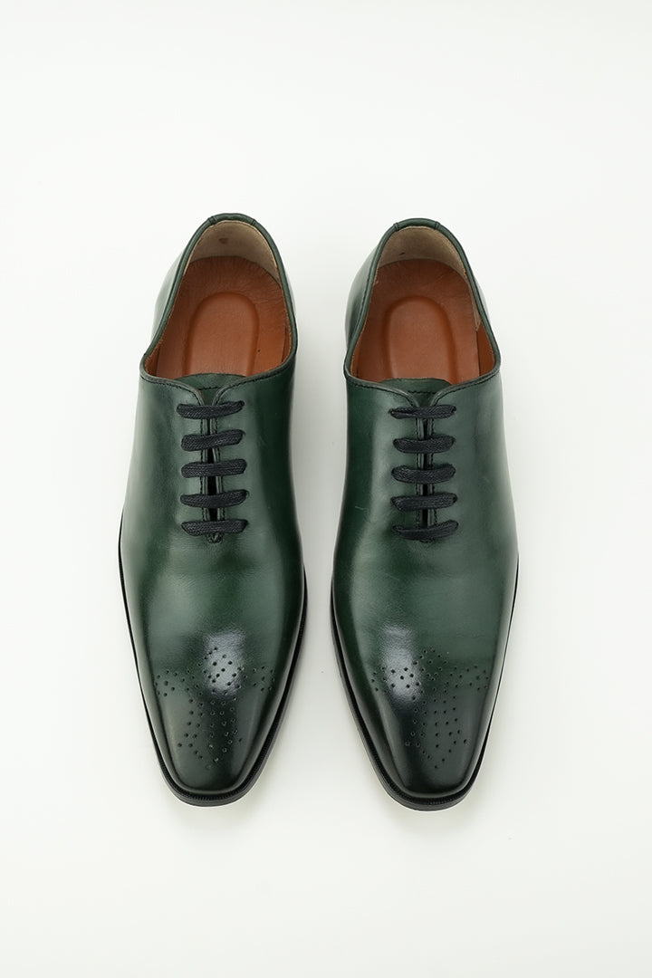 OLIVE GREEN BURNISHED LEATHER SHOES Shoes humyaunalamgir