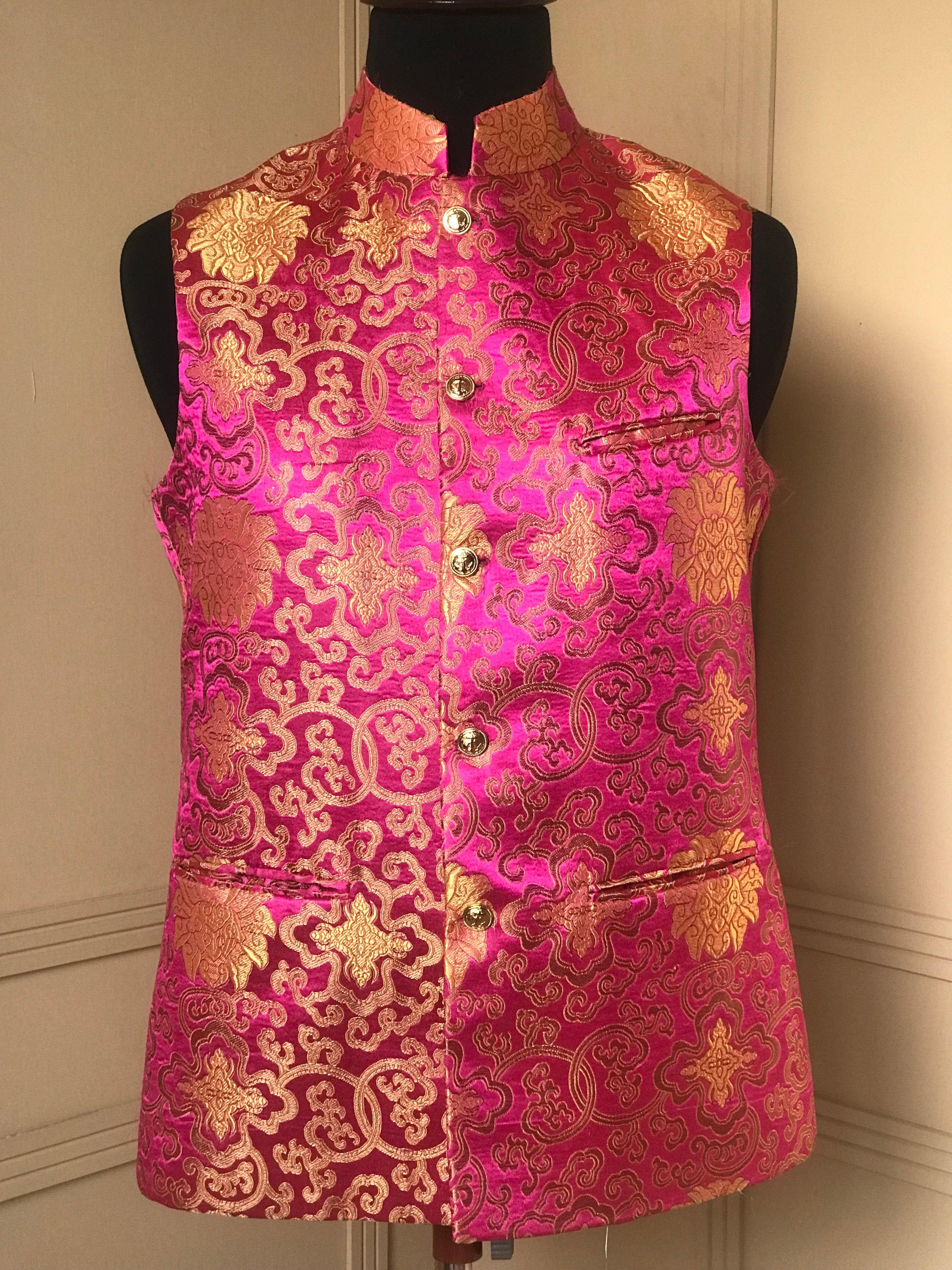 Pink & Golden Zari Jamawar Waist Coat