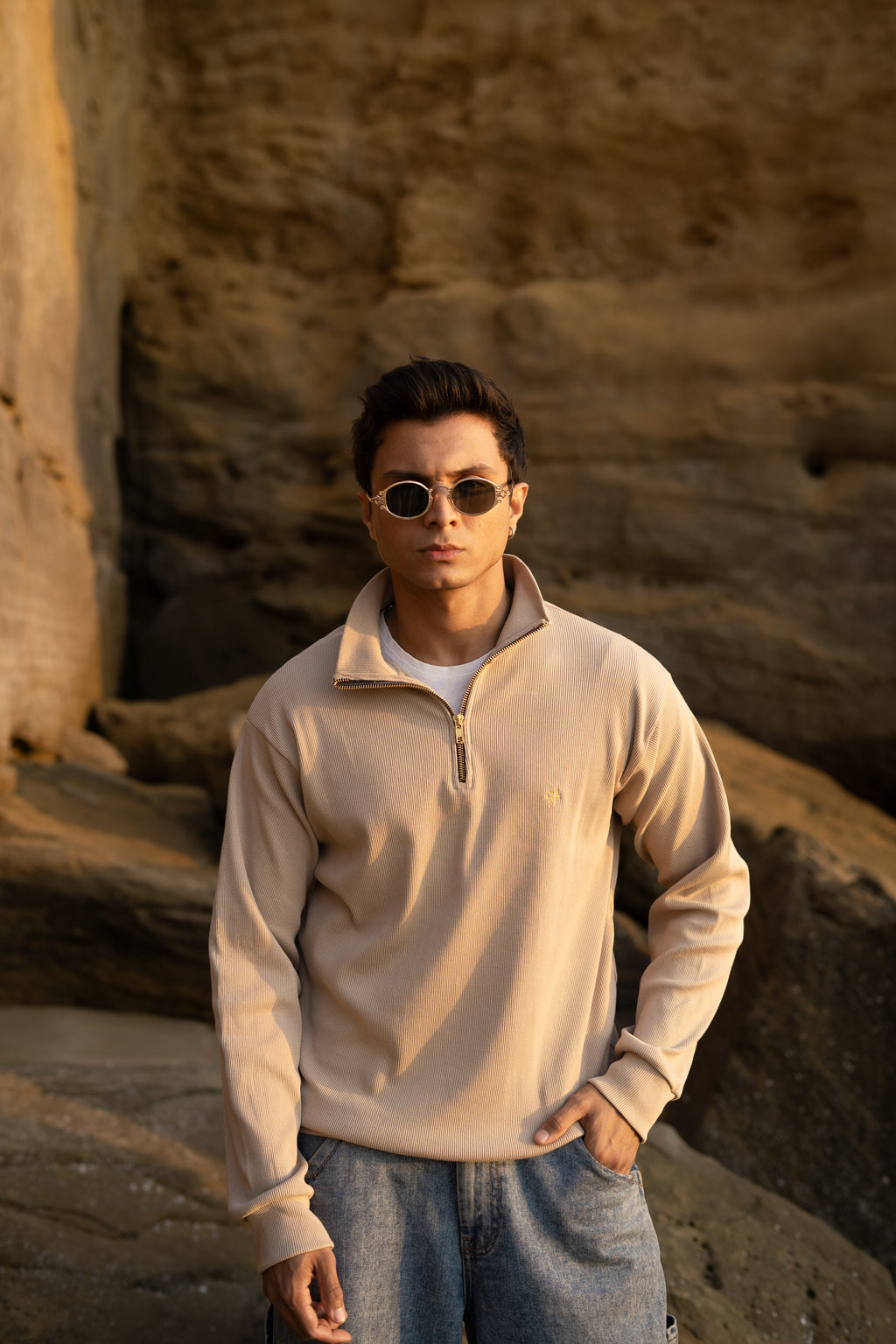 BEIGE H LOGO QUARTER-ZIP JUMPER Humayunalamgir