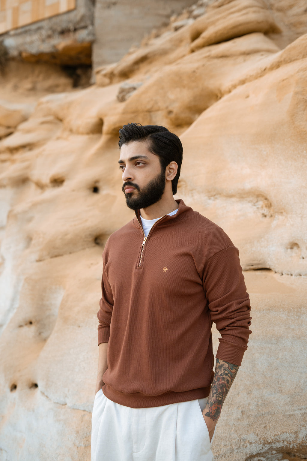 BROWN H LOGO QUARTER-ZIP JUMPER Humayunalamgir