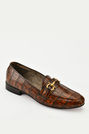 Mustard Brown Crocodile textured Gucci buckle shoes