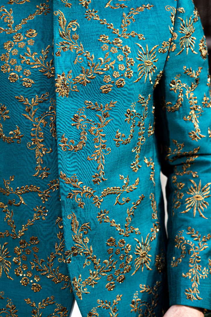 Teal Blue Cotton Silk Prince Coat