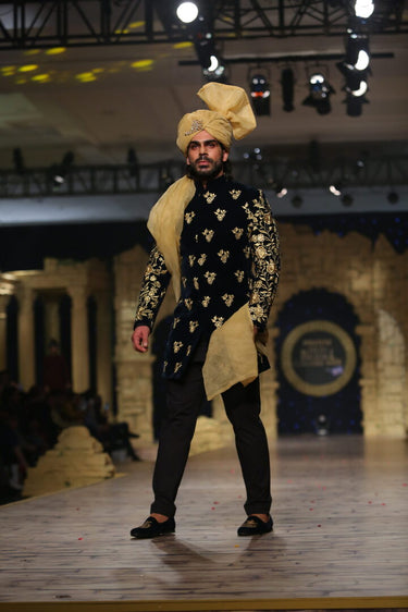 BLACK SHERWANI WITH GOLD ZARDOZI EMBROIDERY RUNWAY S