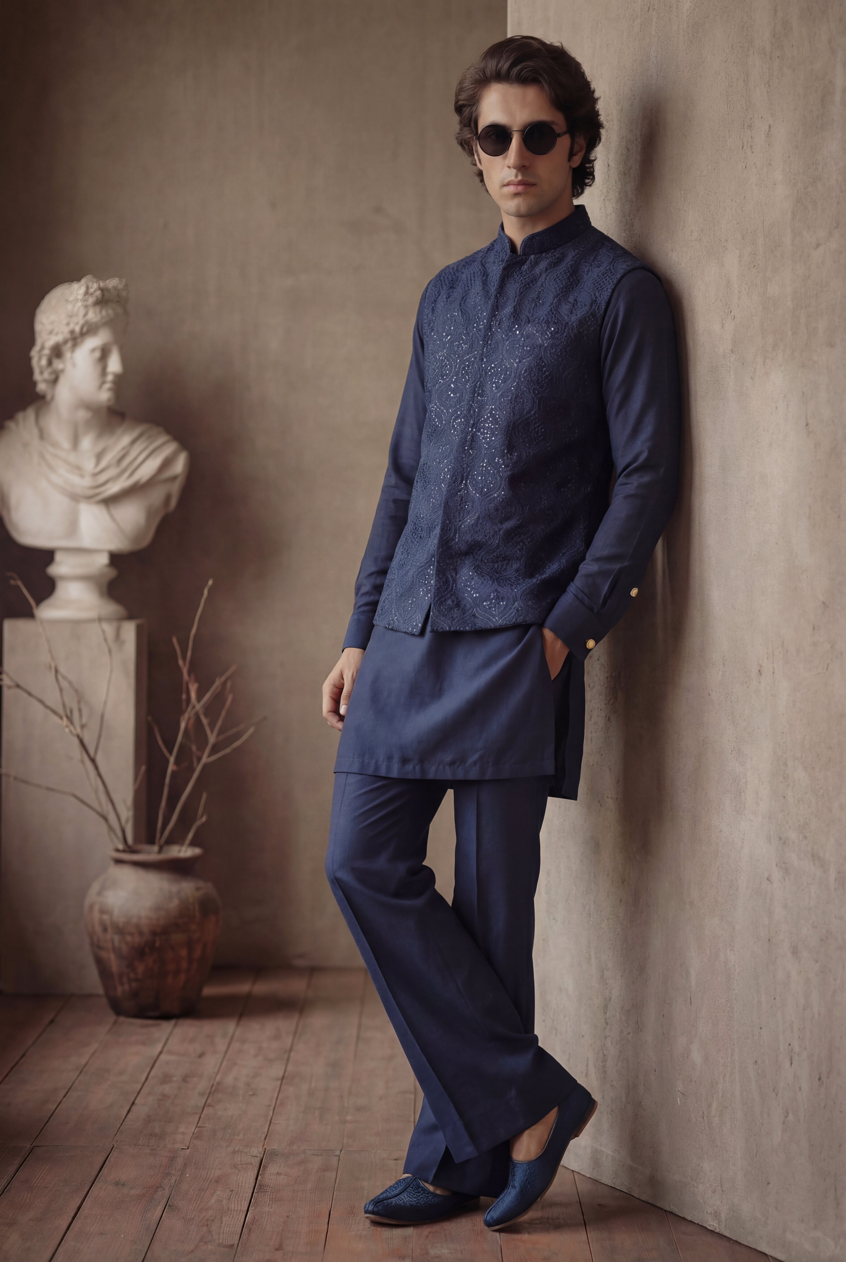 NAVY BLUE SELF EMBROIEDERED WAISTCOAT Clothing Humayunalamgir