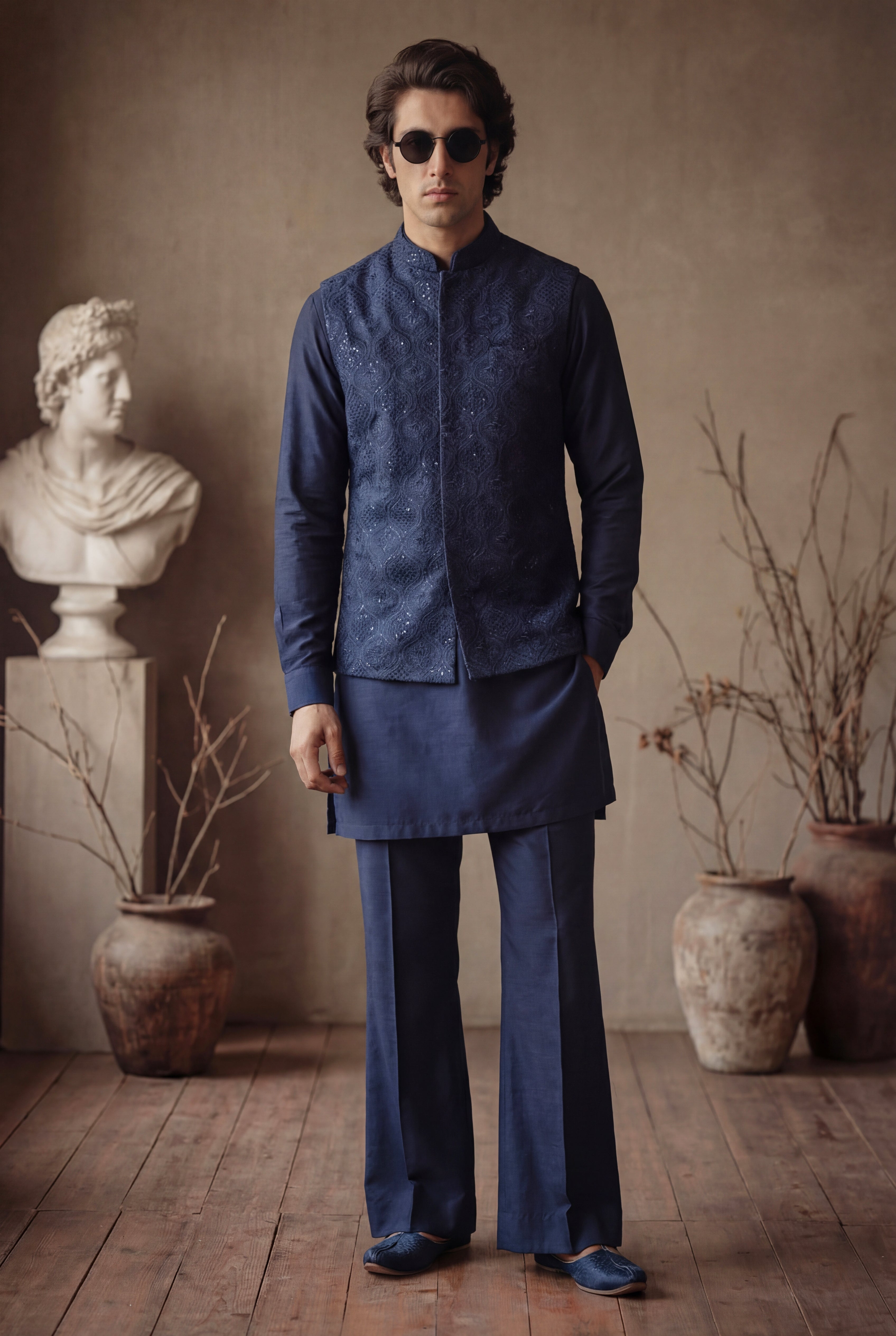 NAVY BLUE SELF EMBROIEDERED WAISTCOAT Clothing Humayunalamgir