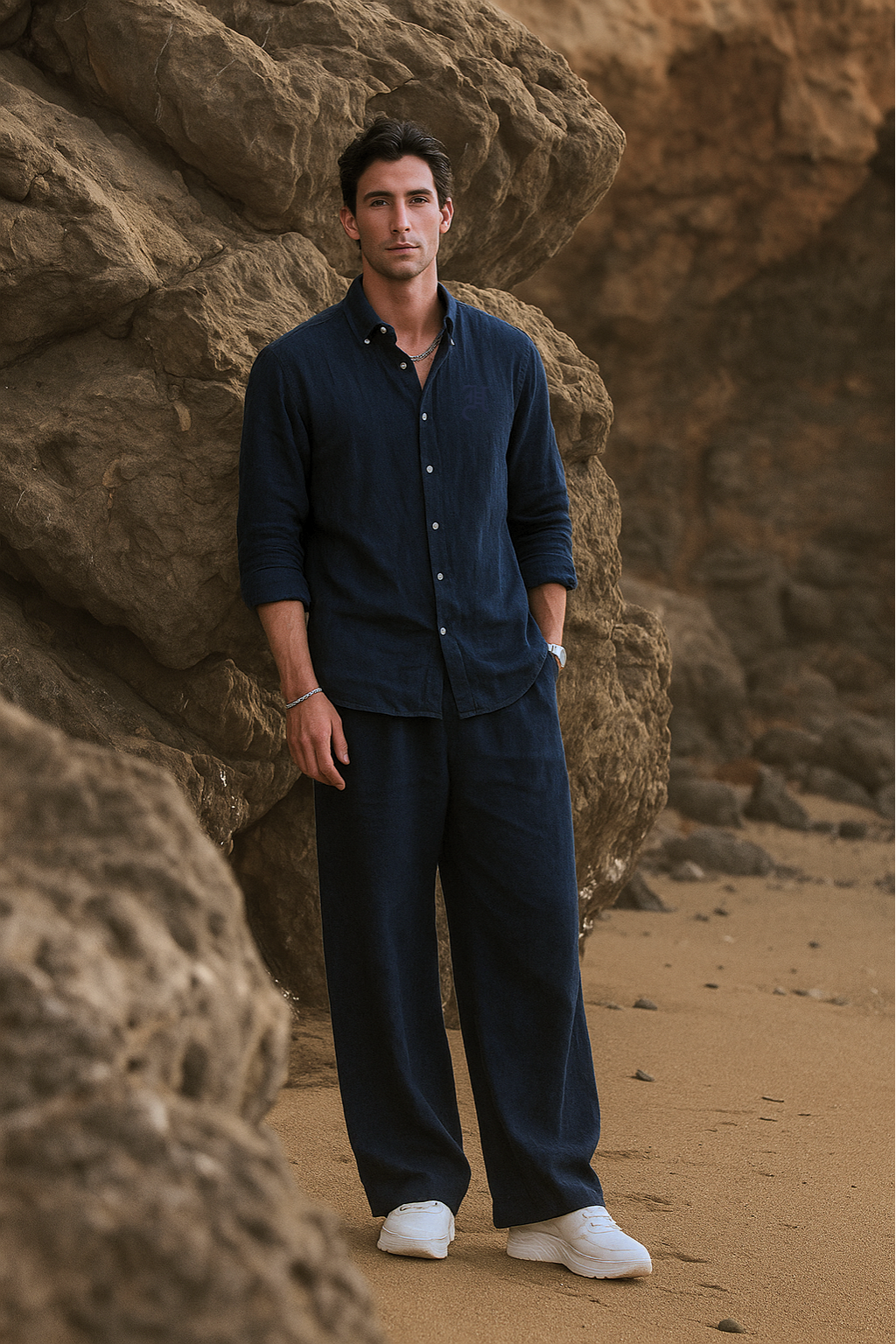 NAVY BLUE LINEN CO-RD SET Humayun Alamgir