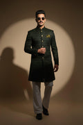 Olive Green Velvet Sherwani with Kurta Pajama sherwani Humayun Alamgir
