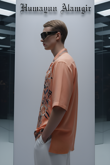 Peach Floral Embroidered Shirt Humayunalamgir