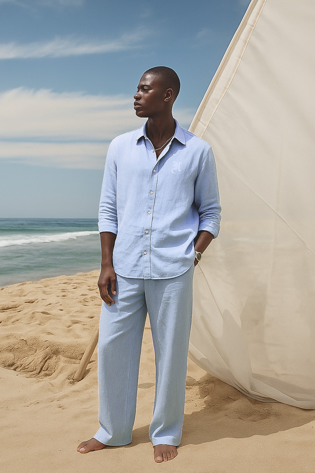 SKY BLUE LINEN CO-RD SET Humayun Alamgir